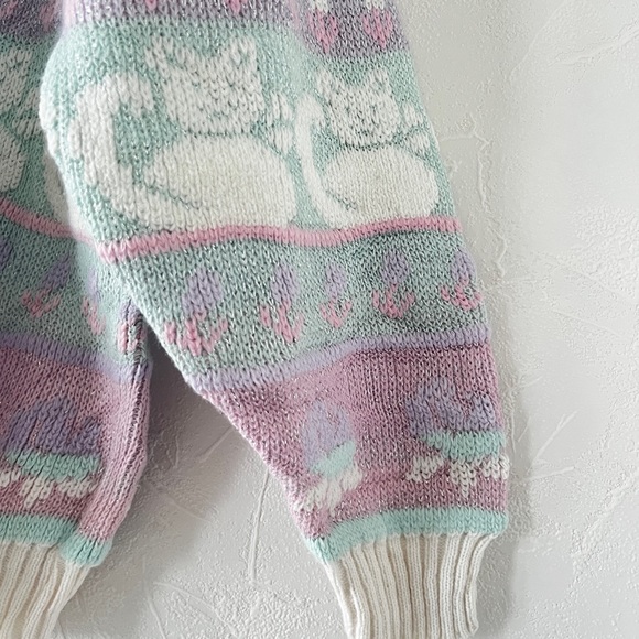 Vintage 80s Sparkle Cat Fairy Kei Sweater Pastel Pink Purple Kitty Kitten Kawaii - Picture 3 of 7